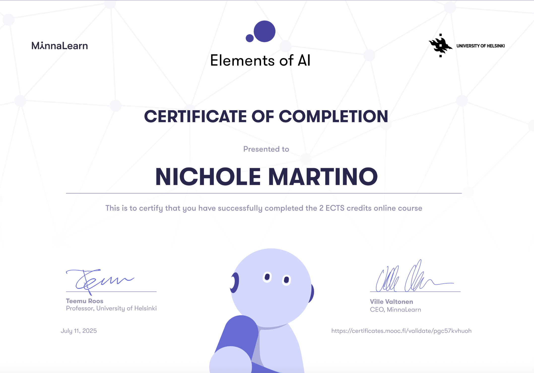 Elements of AI Certificate of Completion — University of Helsinki & MinnaLearn