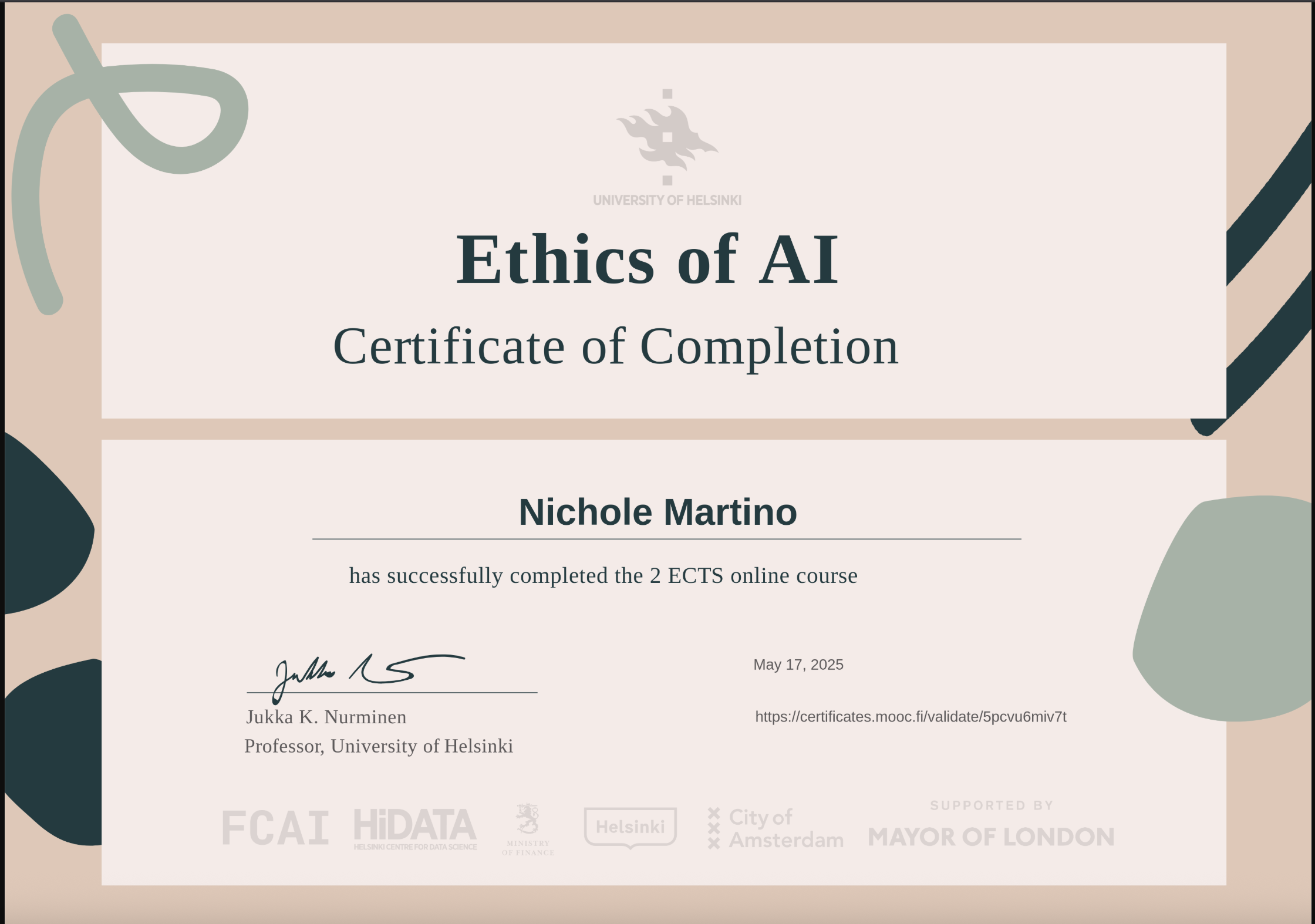 Ethics of AI Certificate of Completion — University of Helsinki